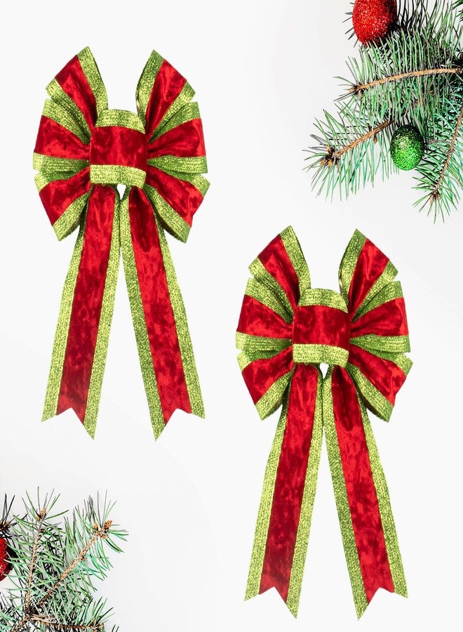 Blinket 2 PCS Christmas Bow for Wreath, Red Velvet & Glitter Green Stripe Decor Bow for Wreath, Wired Craft Bows for New Year Party Christmas Tree Topper Decor Home Indoor Outdoor Ornament Supplies - Image 1